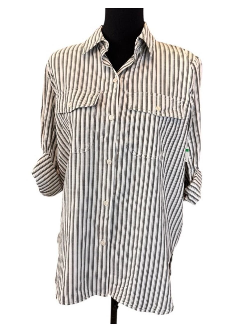 NEW MAX STUDIO White Black Striped Yarn-Dye Button Front Shirt Size XS